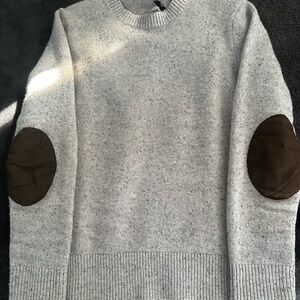 J. Crew Men's Heather Gray Sweater with Dark Brown Elbow Patches.